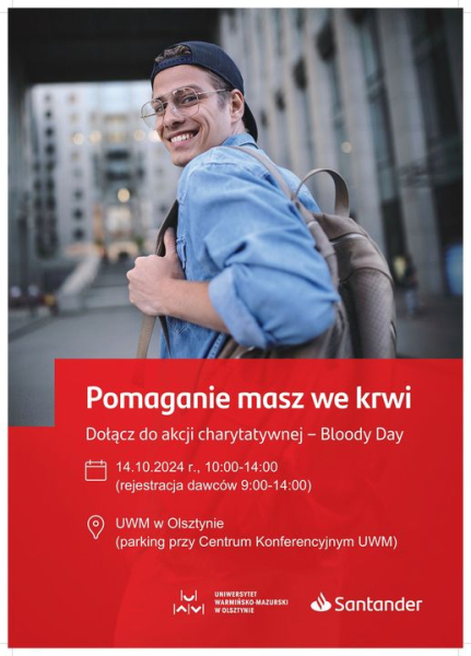 Pomaganie masz we krwi to akcja organizowana na terenie UWM w Olsztynie przy Centrum Konferencyjnym w dniu 14.10.2024 roku. Podczas akcji możesz oddać krew do banku krwi.