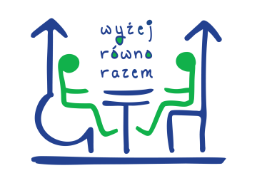 znak graficzny BON UWM przedstawiający dwie osoby siedące naprzeciwko siebie jedna na wózku druga na krześle z hasłem : wyżej równo razem
